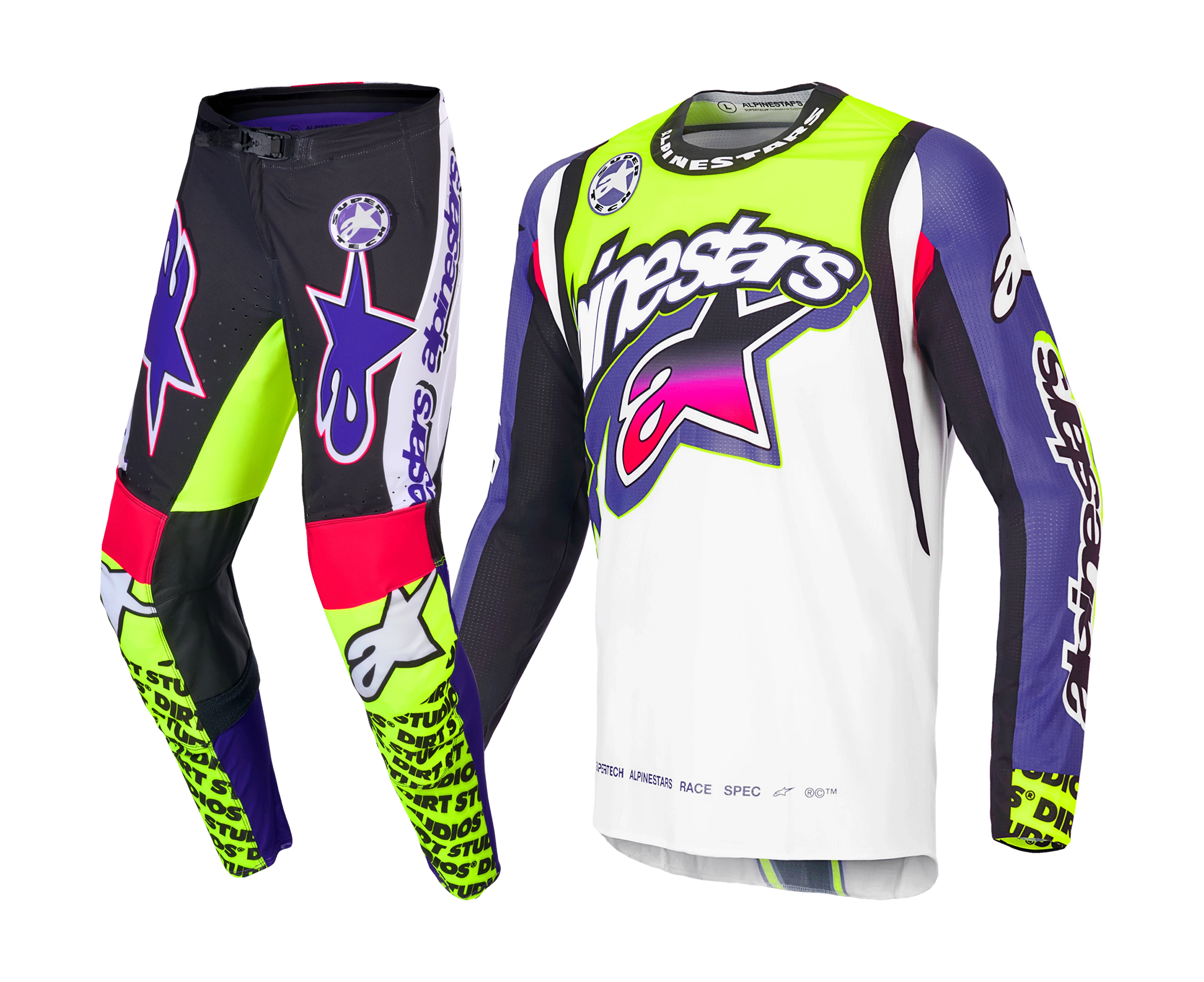 Alpinestars Crosskleding Supertech LE Dirt Studios - Wit / Paars / Geel Fluo