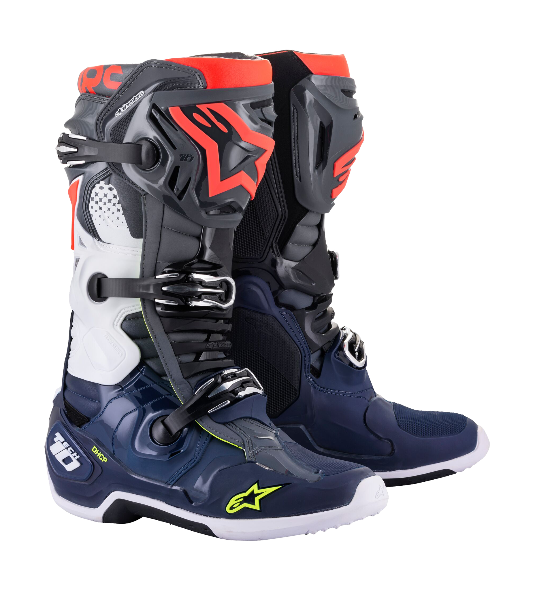 Alpinestars Crosslaarzen Tech 10 - Donker Grijs / Donker Blauw / Fluo Rood