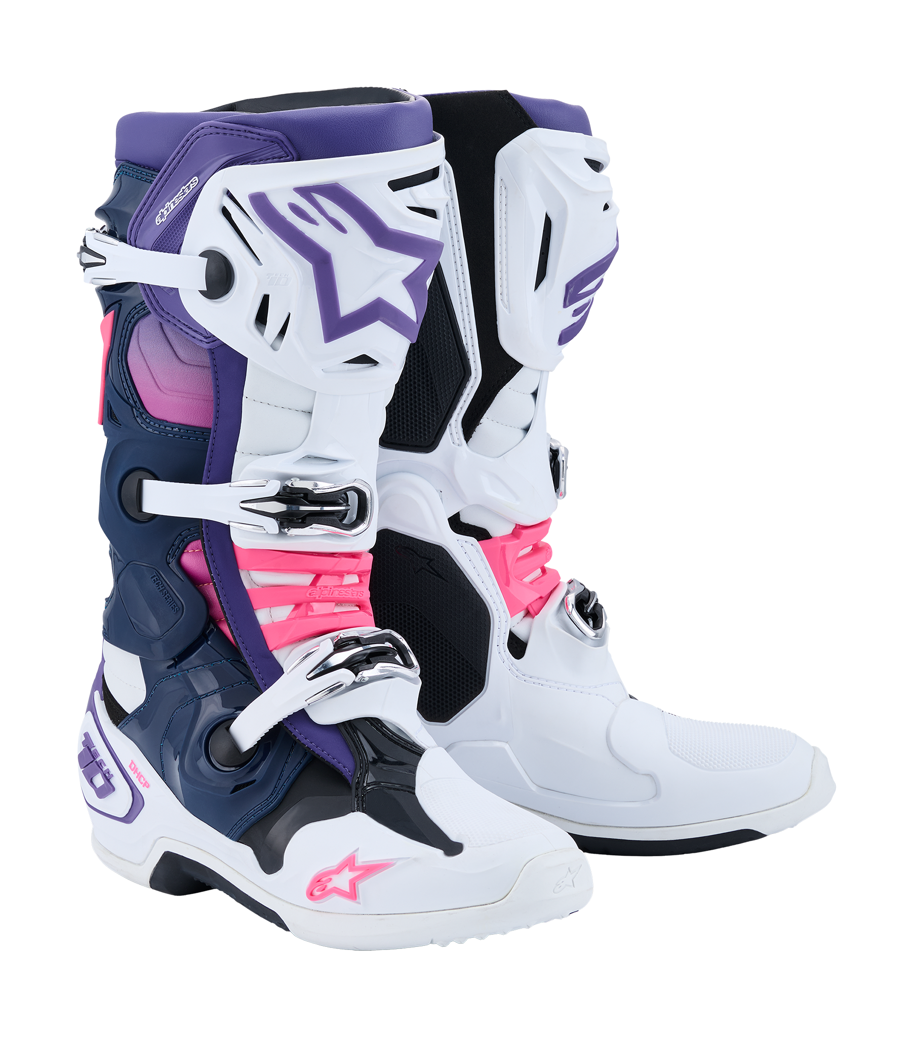 Alpinestars Crosslaarzen Tech 10 - Wit / Violet / Navy / Blauw / Fluo Roze