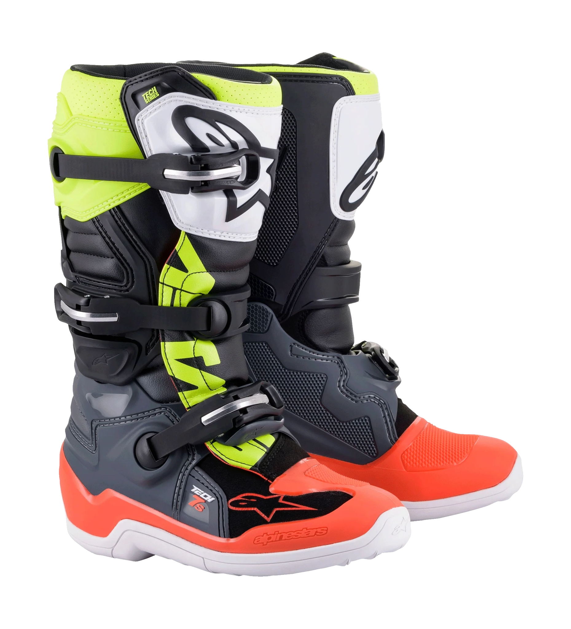 Alpinestars Kinder Crosslaarzen Tech 7S - Donker Grijs / Fluo Rood / Fluo Geel