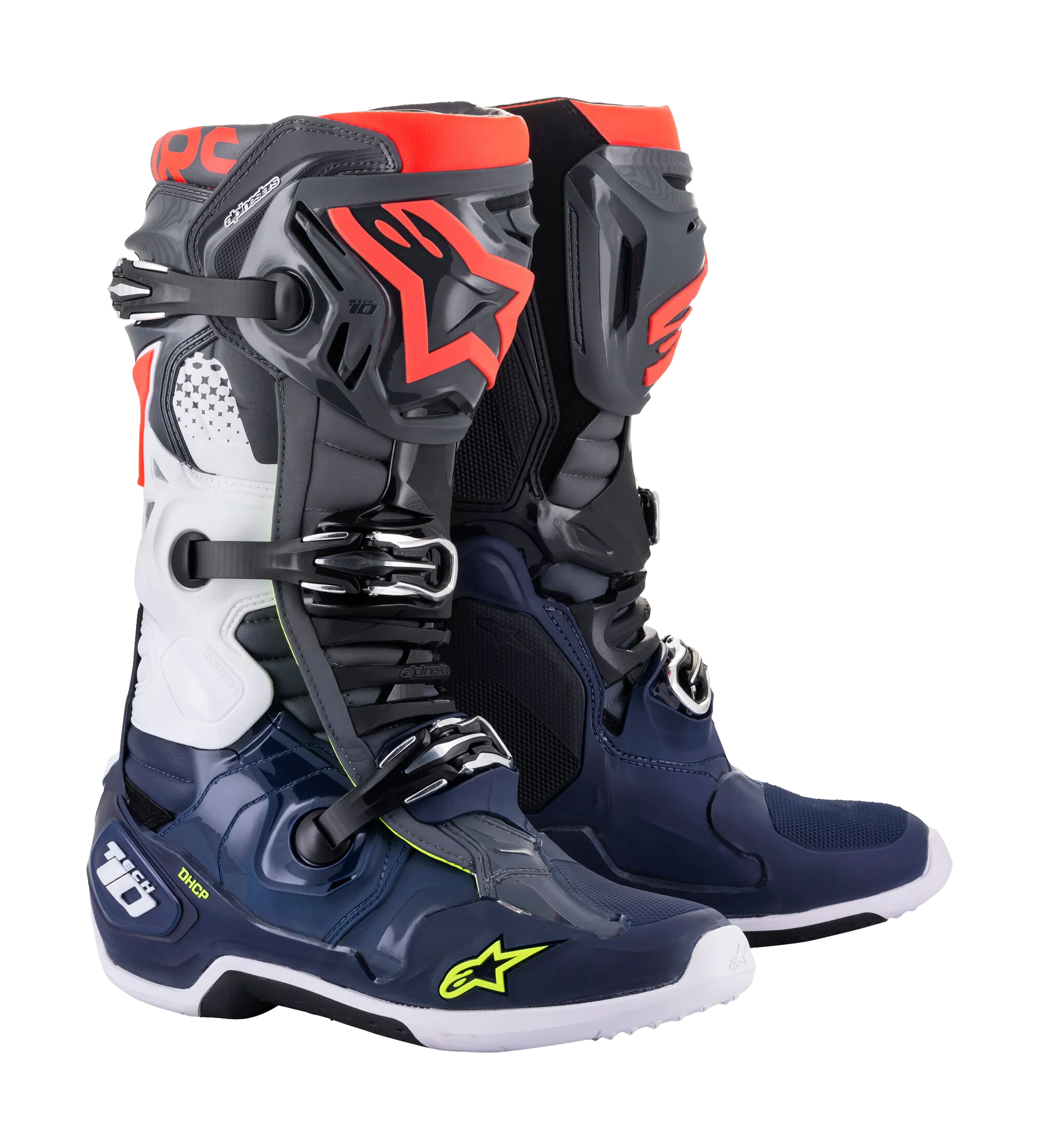 Alpinestars Crosslaarzen Tech 10 - Donker Grijs / Donker Blauw / Fluo Rood