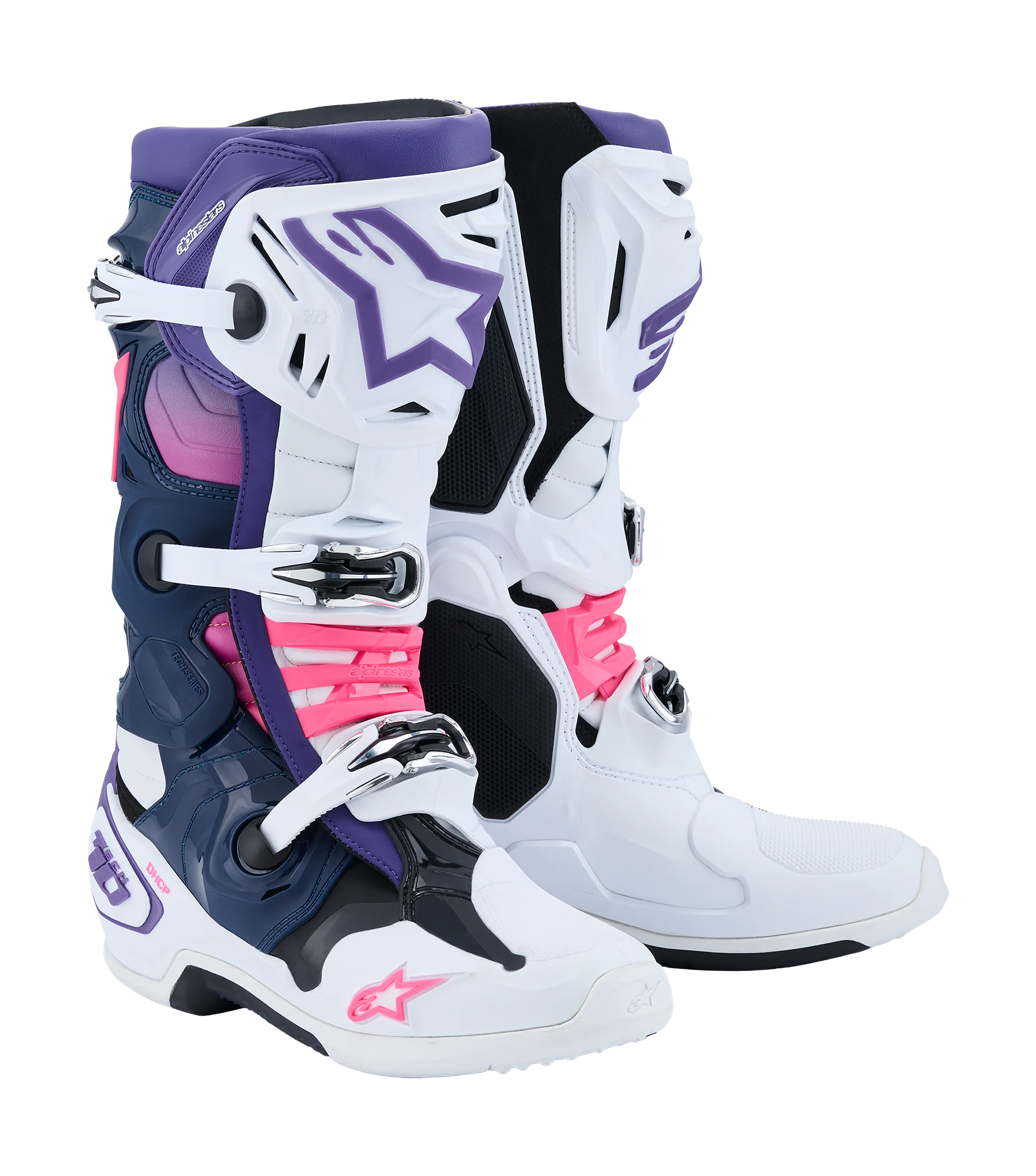 Alpinestars Crosslaarzen Tech 10 - Wit / Violet / Navy / Blauw / Fluo Roze