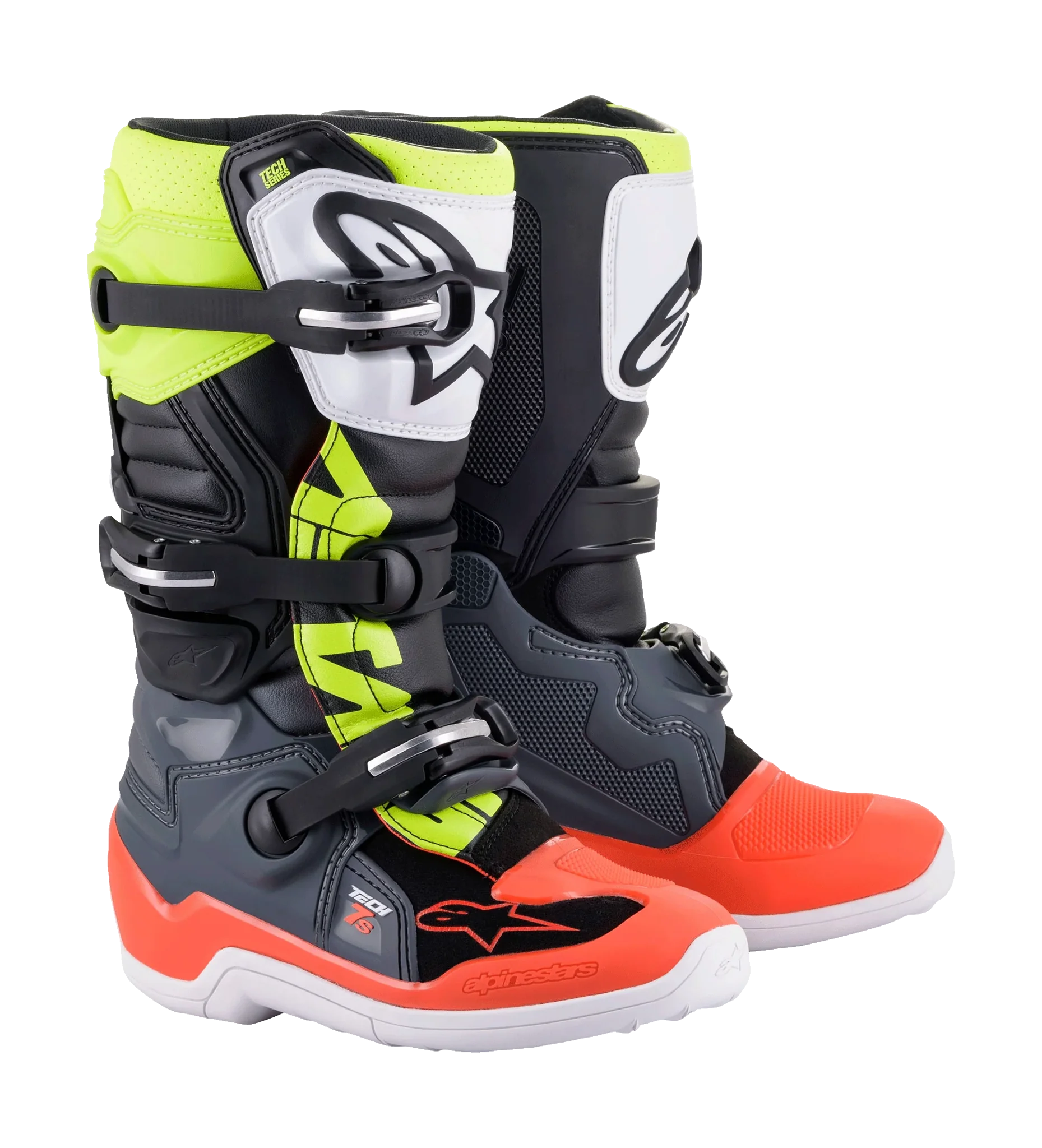 Alpinestars Kinder Crosslaarzen Tech 7S - Donker Grijs / Fluo Rood / Fluo Geel